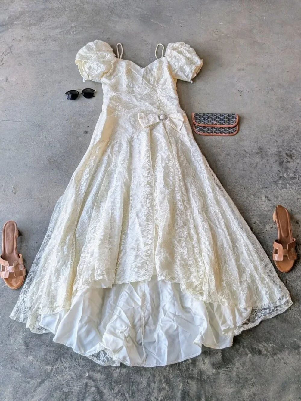 Vintage 80s Union Made Ivory Lace Off The Shoulder Midi Dress Party Wedding Prom